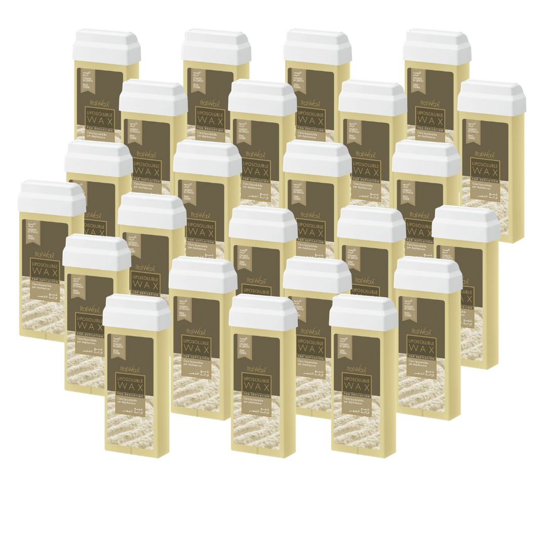 W244A Italwax 24 x 100g Zinc Oxide Cold Strip Wax | IA collection of Italwax Zinc Oxide Cold Strip Wax rollers cartridges for hair removal with a label on a white background