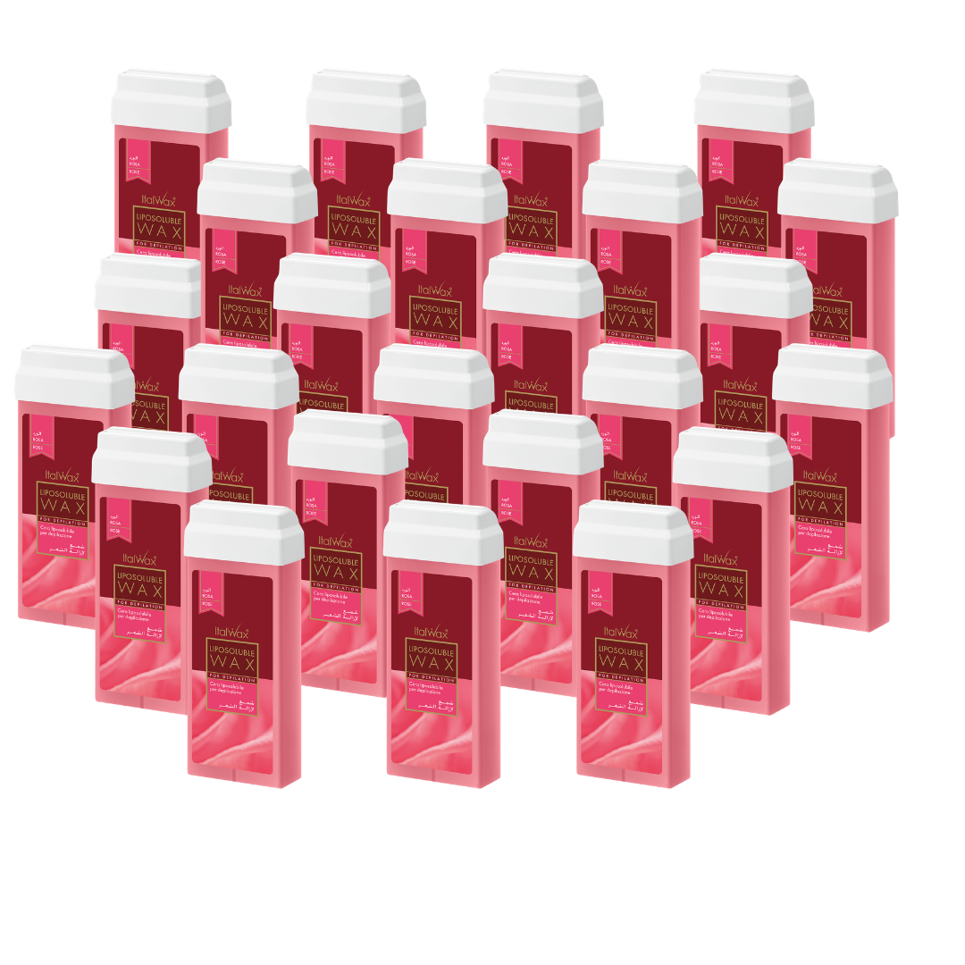 W245A Italwax 24 x 100g Natural Rose Cold Strip Wax | A collection of Italwax Natural Rose Cold Strip Wax rollers cartridges for hair removal with a label on a white background