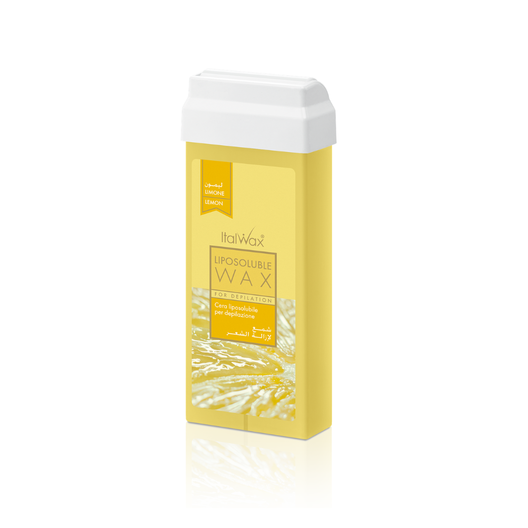 W246 Italwax 100g Lemon Cold Strip Wax Roller | An Italwax Lemon Cold Strip Wax roller cartridge, for hair removal on arms and legs, with a branded yellow Italwax label on a white background
