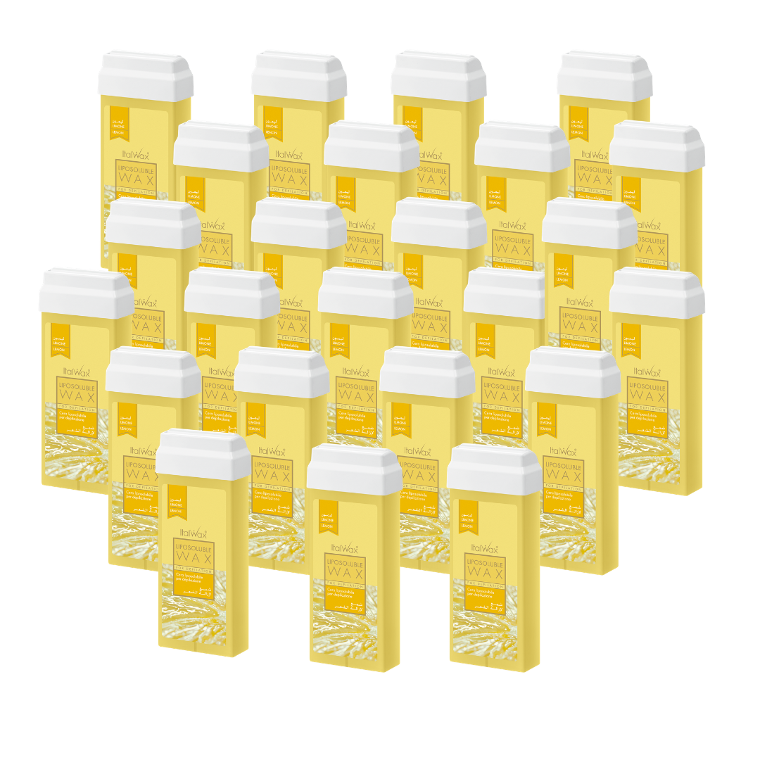 W246A Italwax 24 x 100g Lemon Cold Strip Wax Rollers | IA collection of Italwax Lemon Cold Strip Wax rollers cartridges, for hair removal on arms and legs, with a branded yellow Italwax label on a white background