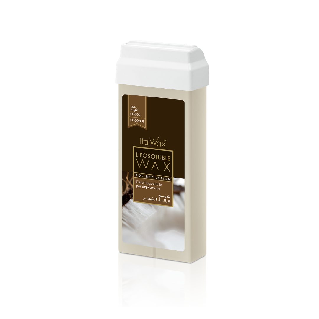 W247 Italwax 100g Coconut Cold Strip Wax Roller | An Italwax Coconut Cold Strip Wax roller cartridge, for hair removal on arms and legs, with a branded brown Italwax label on a white background