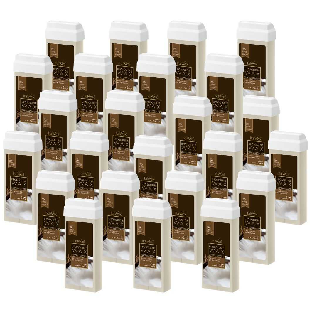 W247A Italwax 24 x 100g Coconut Cold Strip Wax | A collection of Italwax Coconut Cold Strip Wax rollers cartridges for hair removal with a label on a white background