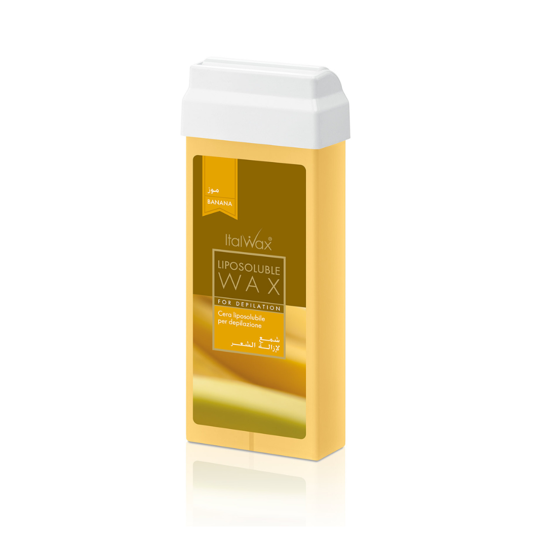 W248 Italwax 100g Banana Cold Strip Wax Roller | An Italwax Banana Cold Strip Wax roller cartridge, for hair removal on arms and legs, with a branded yellow gold Italwax label on a white background