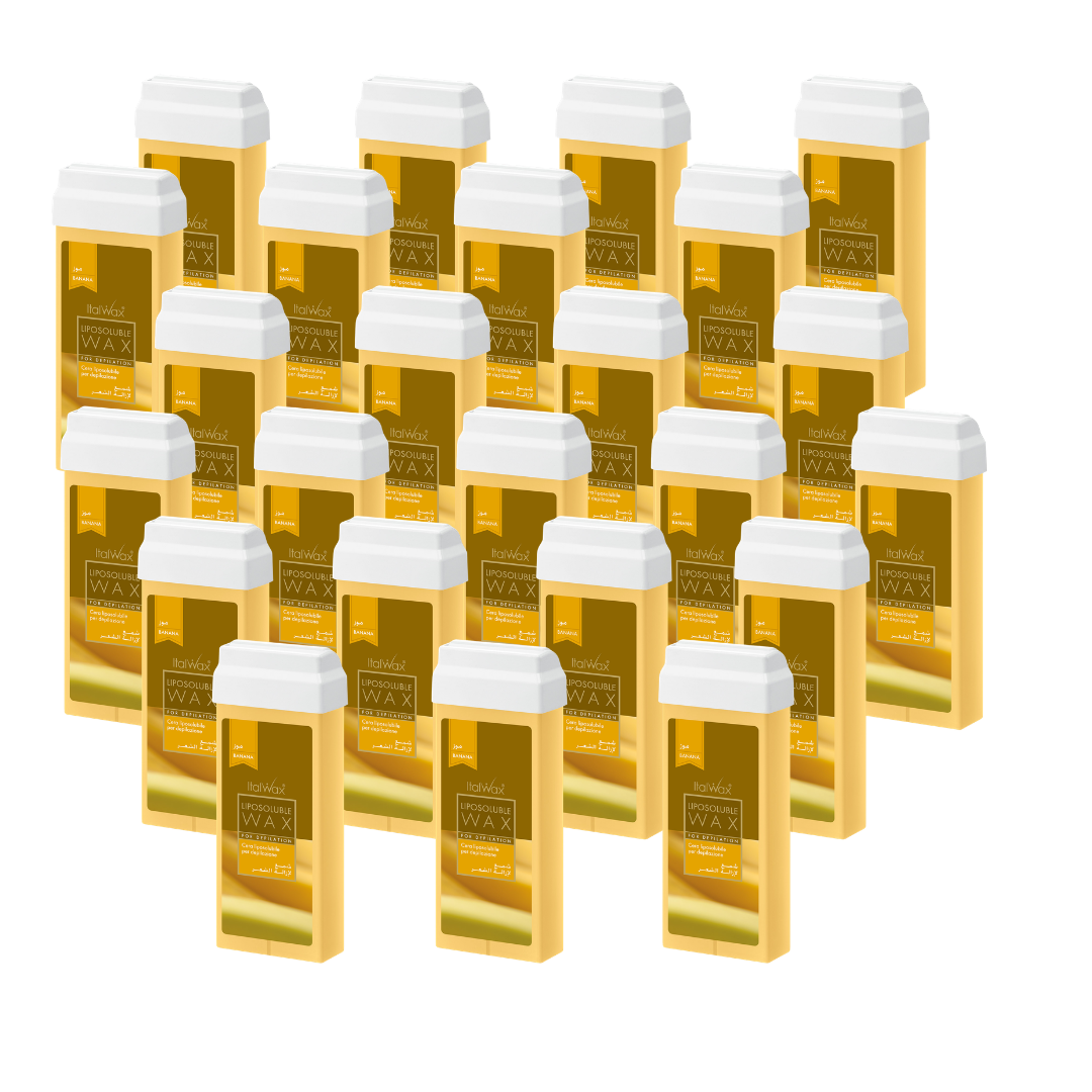 W247A Italwax 24 x 100g Banana Cold Strip Wax | A collection of Italwax Banana Cold Strip Wax rollers cartridges for hair removal with a label on a white background