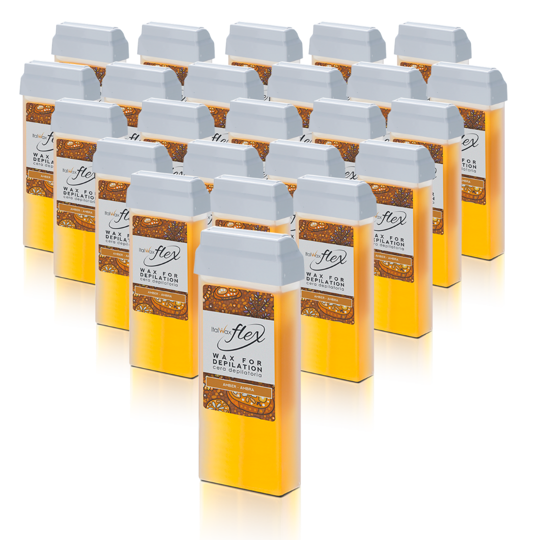 W249A Italwax 24 x 100g Flex Amber Cold Strip Wax | A collection of opaque yellow Italwax Amber Cold Strip Wax rollers cartridges, for professional hair removal of legs and arms, with a label on a white background