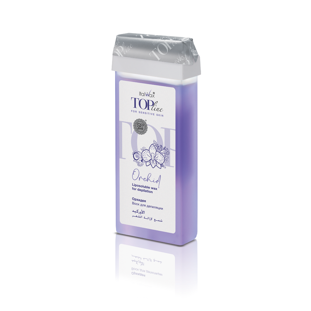 W250 Italwax 100g Top Line Orchid Cold Strip Wax Roller | An opaque purple Italwax Orchid Cold Strip Wax roller cartridge, for hair removal on sensitive skin and arms and legs, with a branded purple Italwax label on a white background