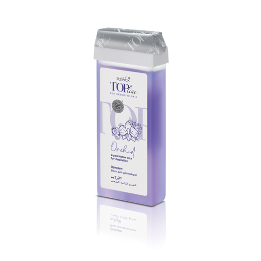 W250 Italwax 100g Top Line Orchid Cold Strip Wax Roller | An opaque purple Italwax Orchid Cold Strip Wax roller cartridge, for hair removal on sensitive skin and arms and legs, with a branded purple Italwax label on a white background