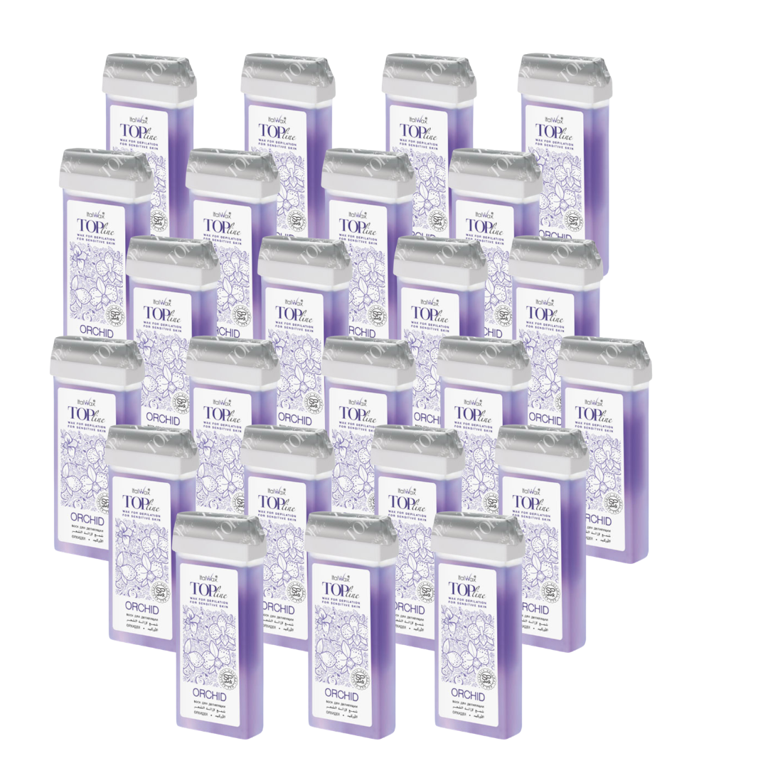 W250A Italwax 24 x 100g Top Line Orchid Cold Strip Wax | IA collection of Italwax Top Line Orchid Cold Strip Wax rollers cartridges for sensitive skin hair removal with a label on a white background