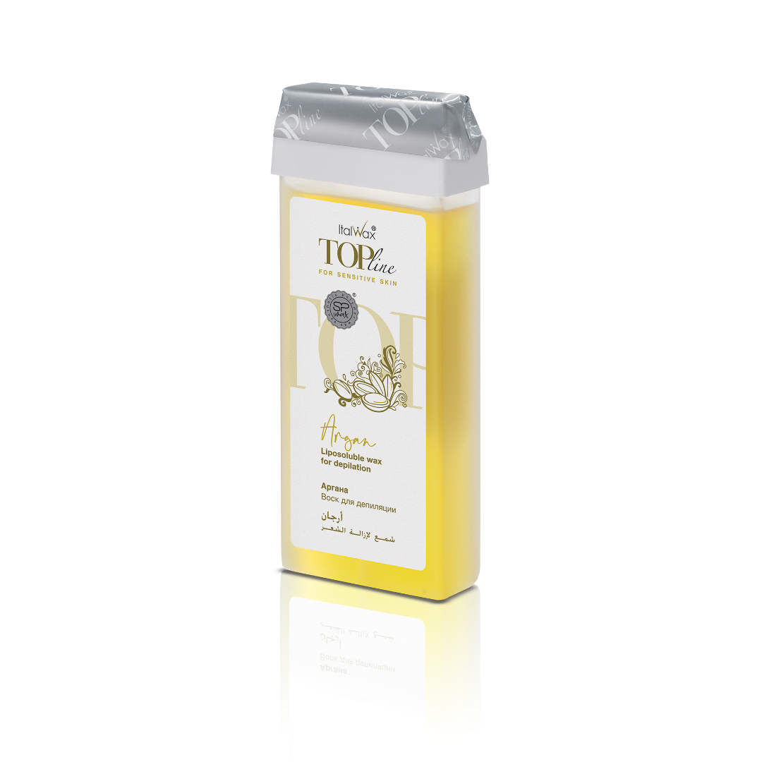 W251 Italwax 100g Top Line Argan Cold Strip Wax Roller | A yellow opaque Italwax Argan Cold Strip Wax roller cartridge, for hair removal on arms and legs, with a branded gold Italwax label on a white background