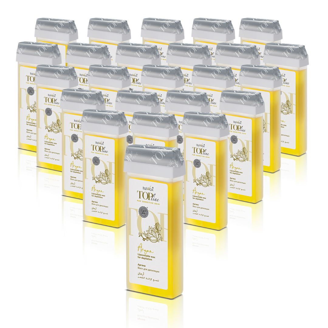 W296A Italwax 24 x 100g Top line Argan Cold Strip Wax | A collection of opaque yellow Italwax Argan Cold Strip Wax rollers cartridges for professional hair removal on sensitive skin with a label on a white background