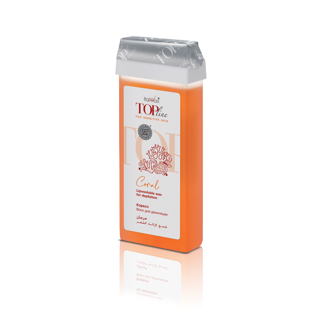 W252 Italwax 100g Top Line Coral Cold Strip Wax Roller | An orange opaque Italwax Coral Cold Strip Wax roller cartridge, for hair removal on sensitive skin, arms and legs, with a branded orange Italwax label on a white background