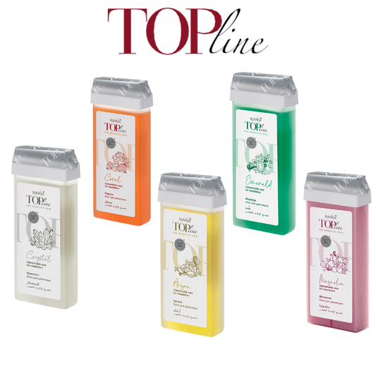 A collection of Italwax Top Line Sensitive Cold Strip Wax roller cartridges with a label on a white background