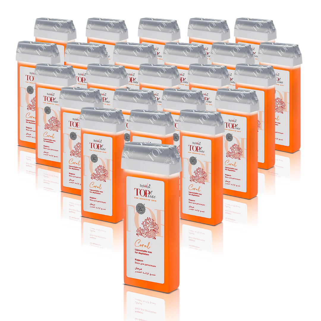 W252A Italwax 24 x 100g Top line Coral Cold Strip Wax | A collection of bright orange Italwax Coral Cold Strip Wax rollers cartridges for professional hair removal on sensitive skin with coarse hair