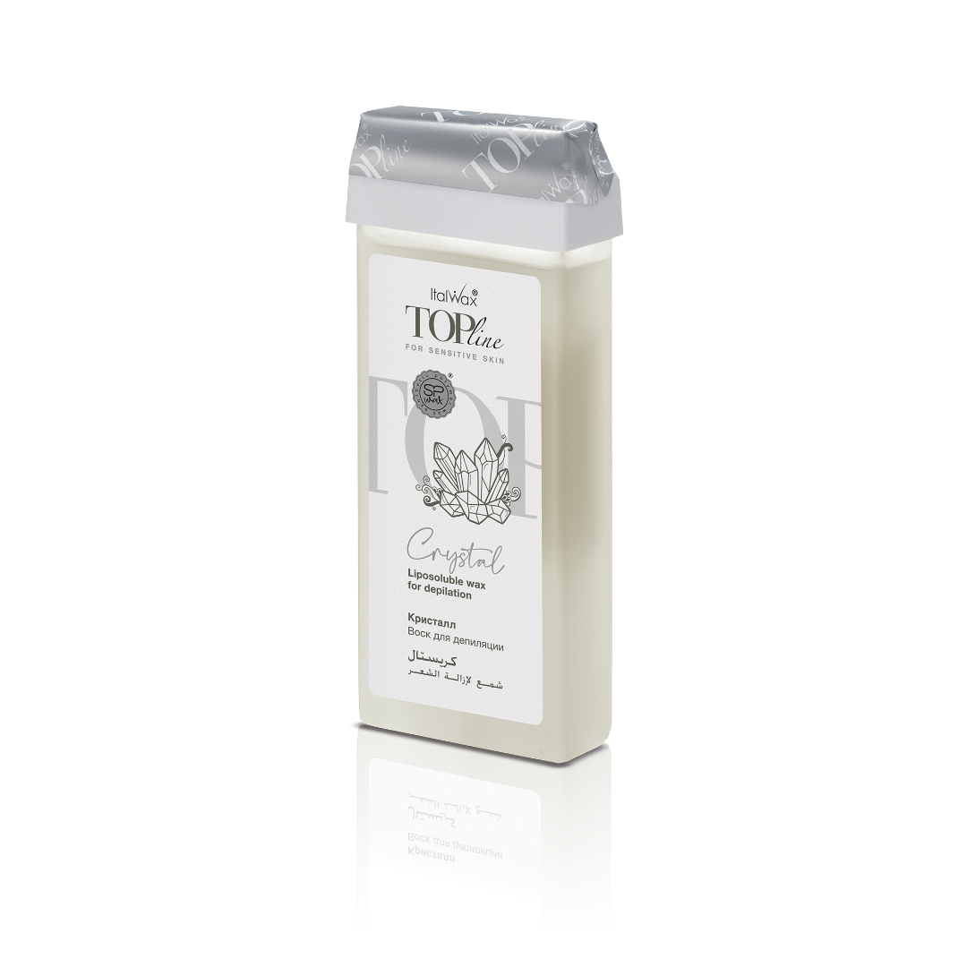 W253 Italwax 100g Top Line Crystal Cold Strip Wax Roller | A pearl white Italwax Crystal Cold Strip Wax roller cartridge, for hair removal on sensitive skin, arms and legs, with a branded grey Italwax label on a white background