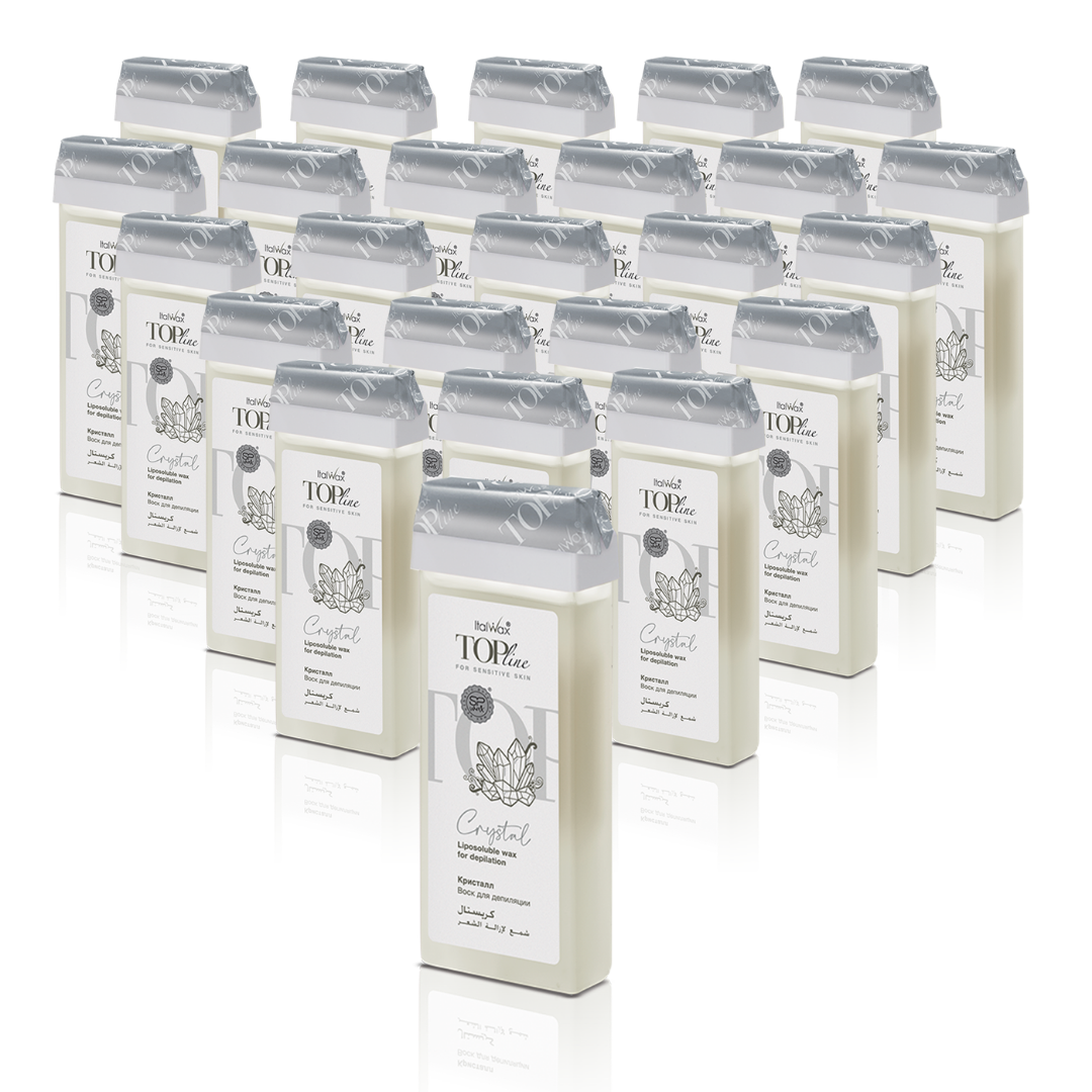 W253A Italwax 24 x 100g Top line Crystal Cold Strip Wax | A collection of pearl white Italwax ECrystal Cold Strip Wax rollers cartridges for professional hair removal on sensitive skin with a label on a white background