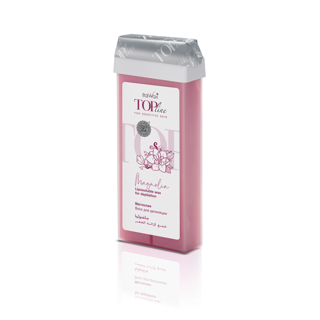 W254 Italwax 100g Top Line Magnolia Cold Strip Wax Roller | A pearl pink Italwax Magnolia Cold Strip Wax roller cartridge, for hair removal on sensitive skin, arms and legs, with a branded pink Italwax label on a white background