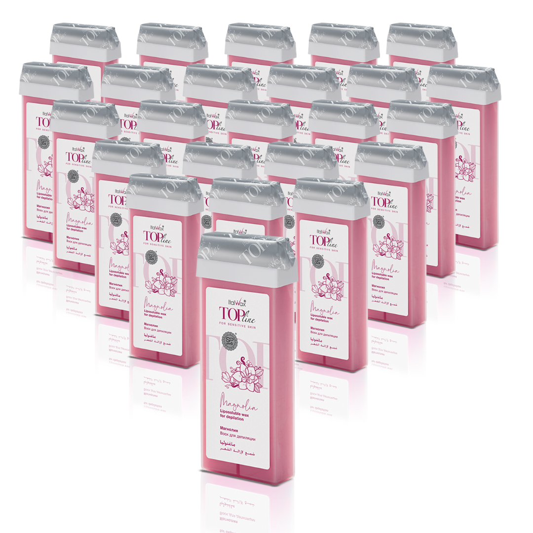 W254A Italwax 24 x 100g Top line Magnolia Cold Strip Wax | A collection of pink Italwax Magnolia Cold Strip Wax rollers cartridges for professional hair removal on sensitive skin with a label on a white background