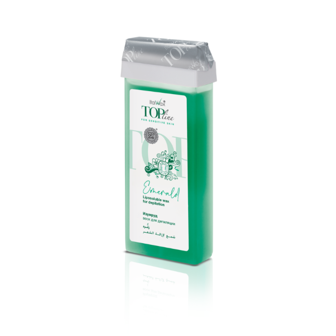 W296 Italwax 100g Top Line Emerald Cold Strip Wax Roller | An opaque green Italwax Emerald Cold Strip Wax roller cartridge, for hair removal on sensitive skin, arms and legs, with a branded green Italwax label on a white background