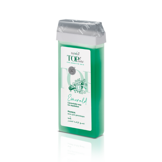 W296 Italwax 100g Top Line Emerald Cold Strip Wax Roller | An opaque green Italwax Emerald Cold Strip Wax roller cartridge, for hair removal on sensitive skin, arms and legs, with a branded green Italwax label on a white background