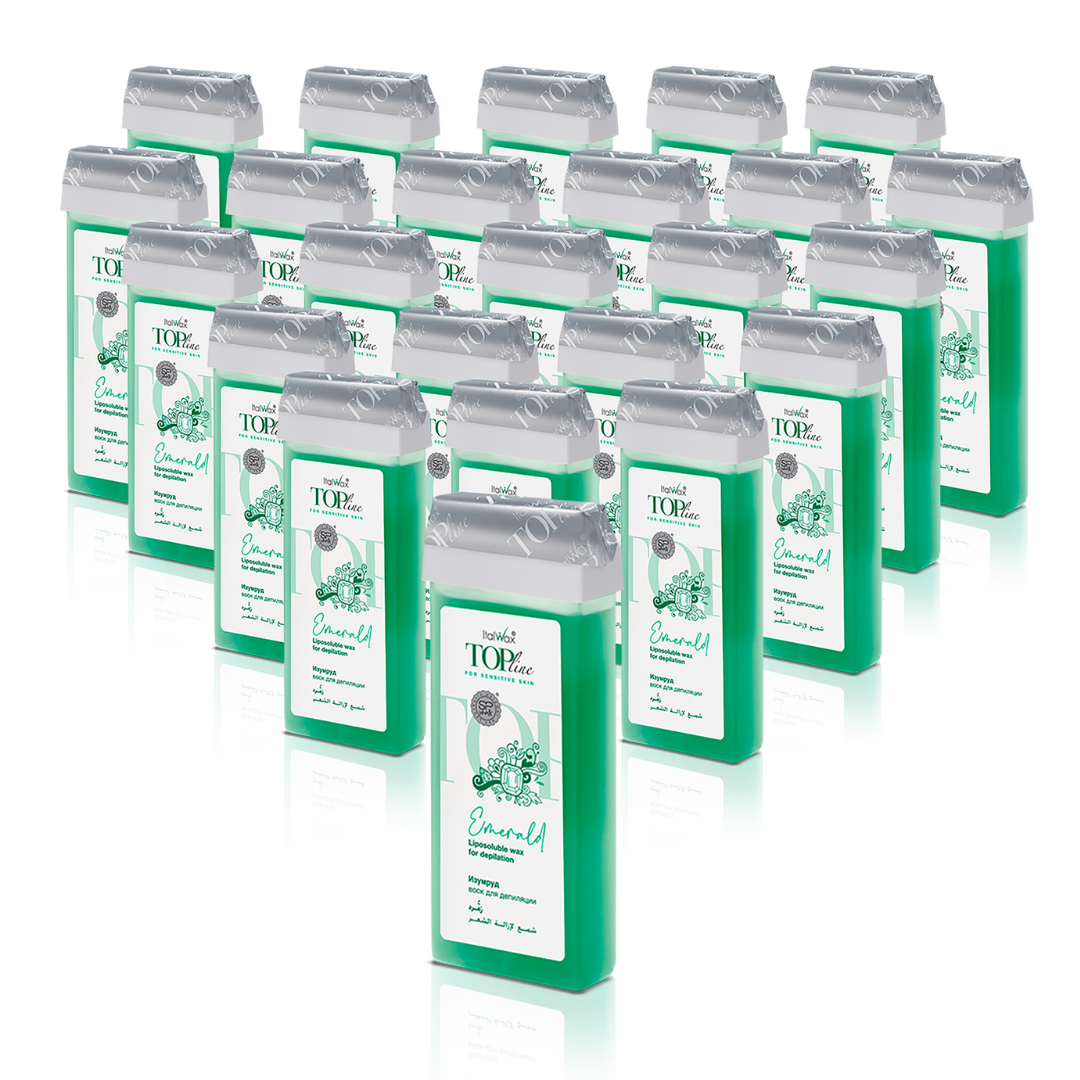 W296A Italwax 24 x 100g Top line Emerald Cold Strip Wax | A collection of opaque green Italwax Emerald Cold Strip Wax rollers cartridges for professional hair removal on sensitive skin with a label on a white background