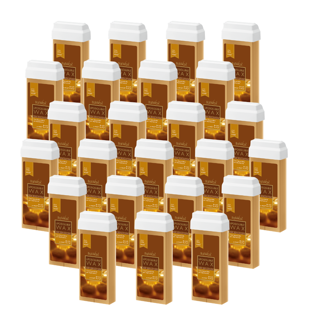 W297A Italwax 24 x 100g Natural Pine Cold Strip Wax | IA collection of Italwax Natural Pine Cold Strip Wax rollers cartridges for hair removal with a label on a white background