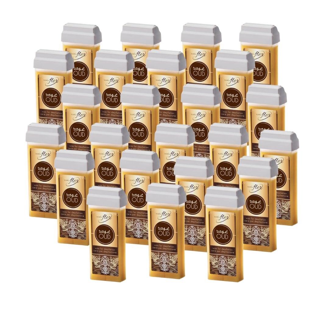 W298A Italwax 24 x 100g Oud Cold Strip Wax | A collection of Italwax Oud Cold Strip Wax rollers cartridges for professional hair removal with a label on a white background
