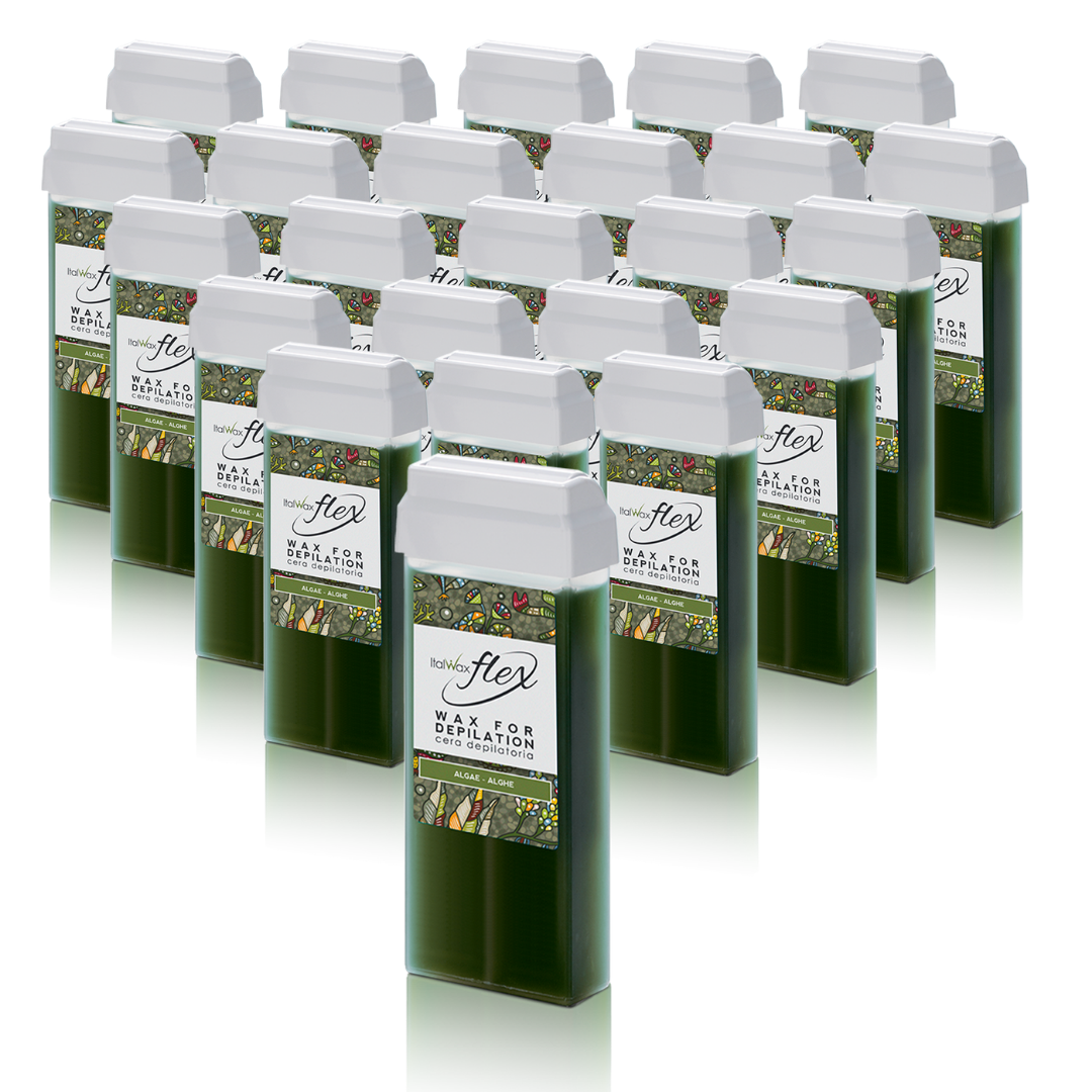 W299A Italwax 24 x 100g Flex Algae Cold Strip Wax | A collection of opaque dark green Italwax Algae Cold Strip Wax rollers cartridges, for professional hair removal of legs and arms, with a label on a white background