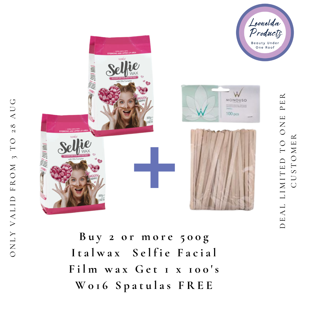 Promotional product graphic for Italwax Selfie Facial Film wax, showing two pink and white bags of wax, a pack of W2016 spatulas, and a blue plus sign on a white background with promotional text and a Leonelda Products logo.