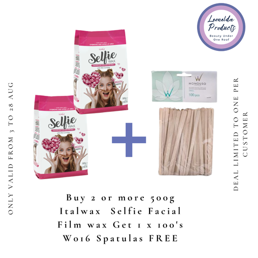 Promotional product graphic for Italwax Selfie Facial Film wax, showing two pink and white bags of wax, a pack of W2016 spatulas, and a blue plus sign on a white background with promotional text and a Leonelda Products logo.