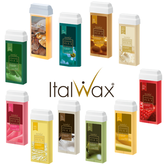 A collection of Italwax Cold Strip Wax roller cartridges with a label on a white background