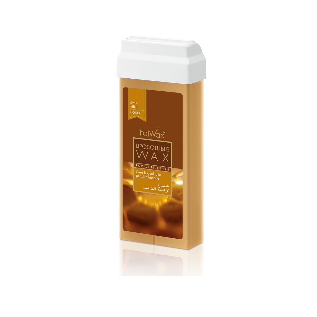 W300 Italwax 100g Natural Honey Cold Strip Wax Roller | A honey brown Italwax Natural Honey Cold Strip Wax roller cartridge, for hair removal on arms and legs, with a branded brown Italwax label on a beige background