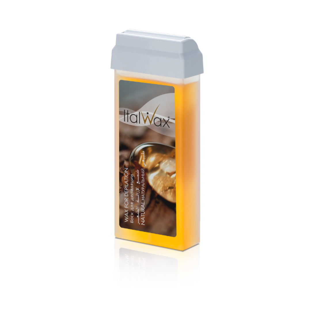 W300 Italwax 100g Natural Honey Cold Strip Wax Roller | A honey brown Italwax Natural Honey Cold Strip Wax roller cartridge, for hair removal on arms and legs, with a branded brown Italwax label on a beige background