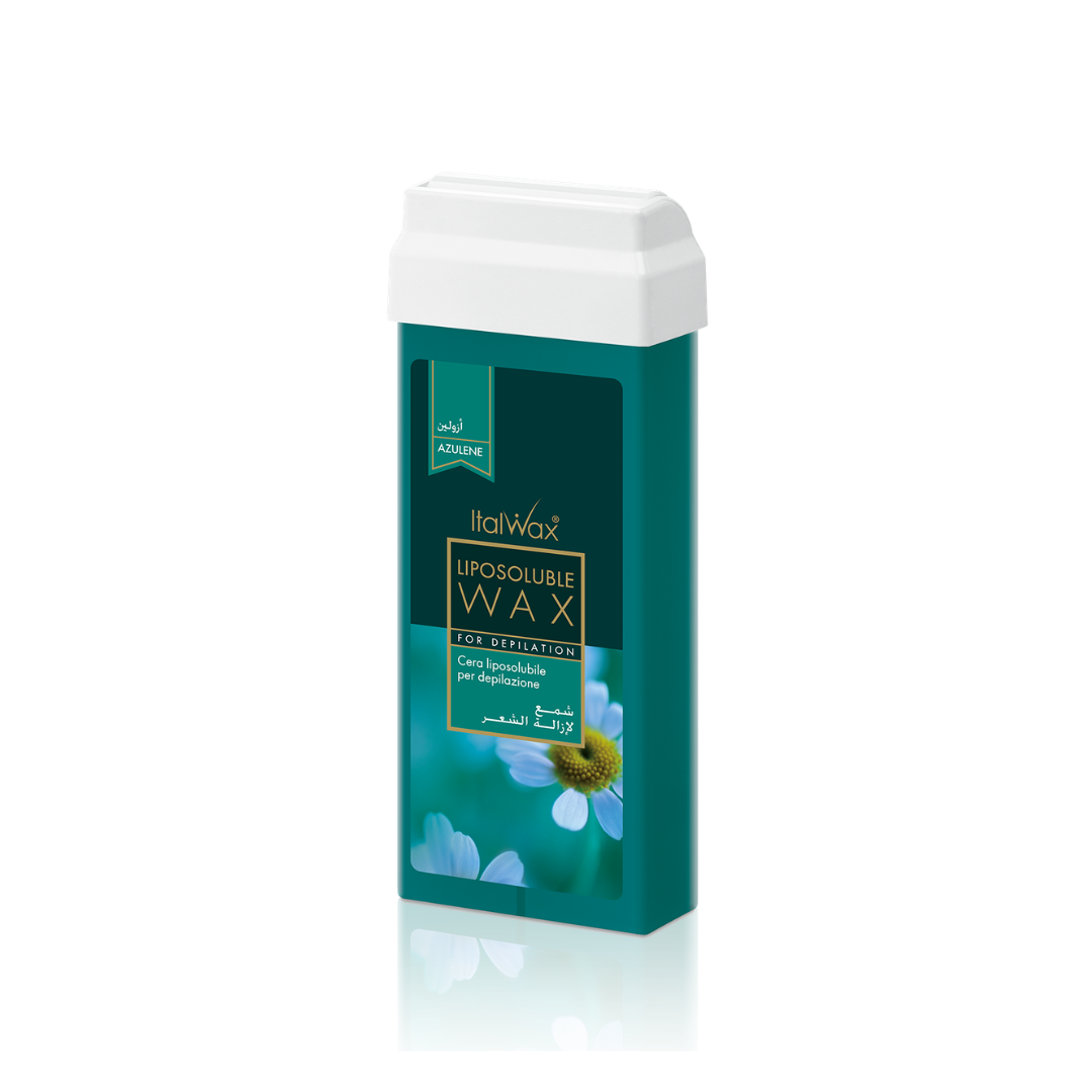 W301 Italwax 100g Azulene Cold Strip Wax Roller | A blue green Italwax Azulene Cold Strip Wax roller cartridge, for hair removal on arms and legs, with a branded blue green Italwax label on a white background