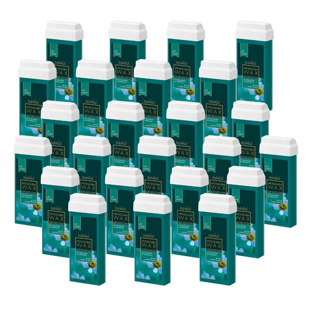 W301A Italwax 24 x 100g Azulene Cold Strip Wax | A collection of Italwax Azulene Cold Strip Wax rollers cartridges for hair removal with a label on a white background