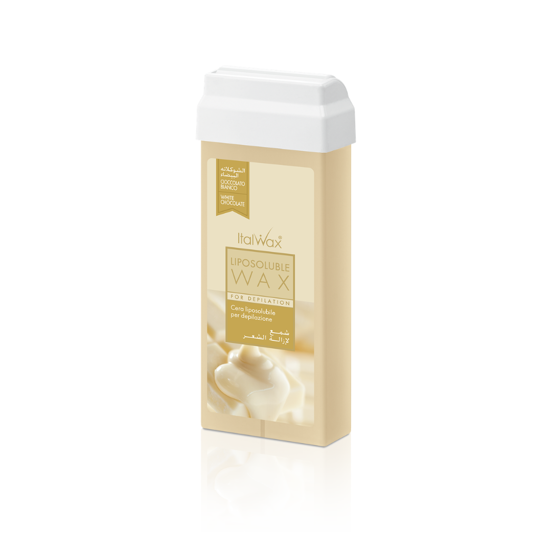 W302 Italwax 100g White Chocolate Cold Strip Wax Roller | A creamy beige Italwax White Chocolate Cold Strip Wax roller cartridge, for hair removal on arms and legs, with a branded brown Italwax label on a beige background