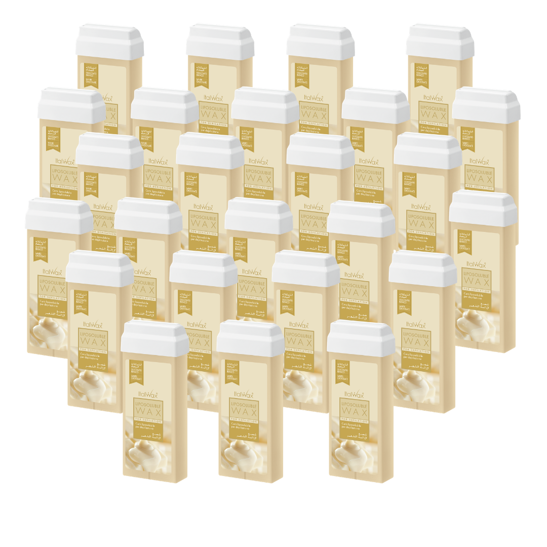 W302A Italwax 24 x 100g Natural White Chocolate Cold Strip Wax | IA collection of Italwax Natural White Chocolate Cold Strip Wax rollers cartridges for hair removal with a label on a white background