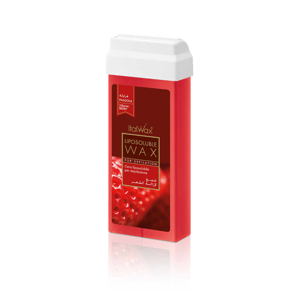 W303 Italwax 100g Strawberry Cold Strip Wax Roller | A bright red creamy consistency Italwax Strawberry Cold Strip Wax roller cartridge, for hair removal on arms and legs, with a branded brown Italwax label on a white background