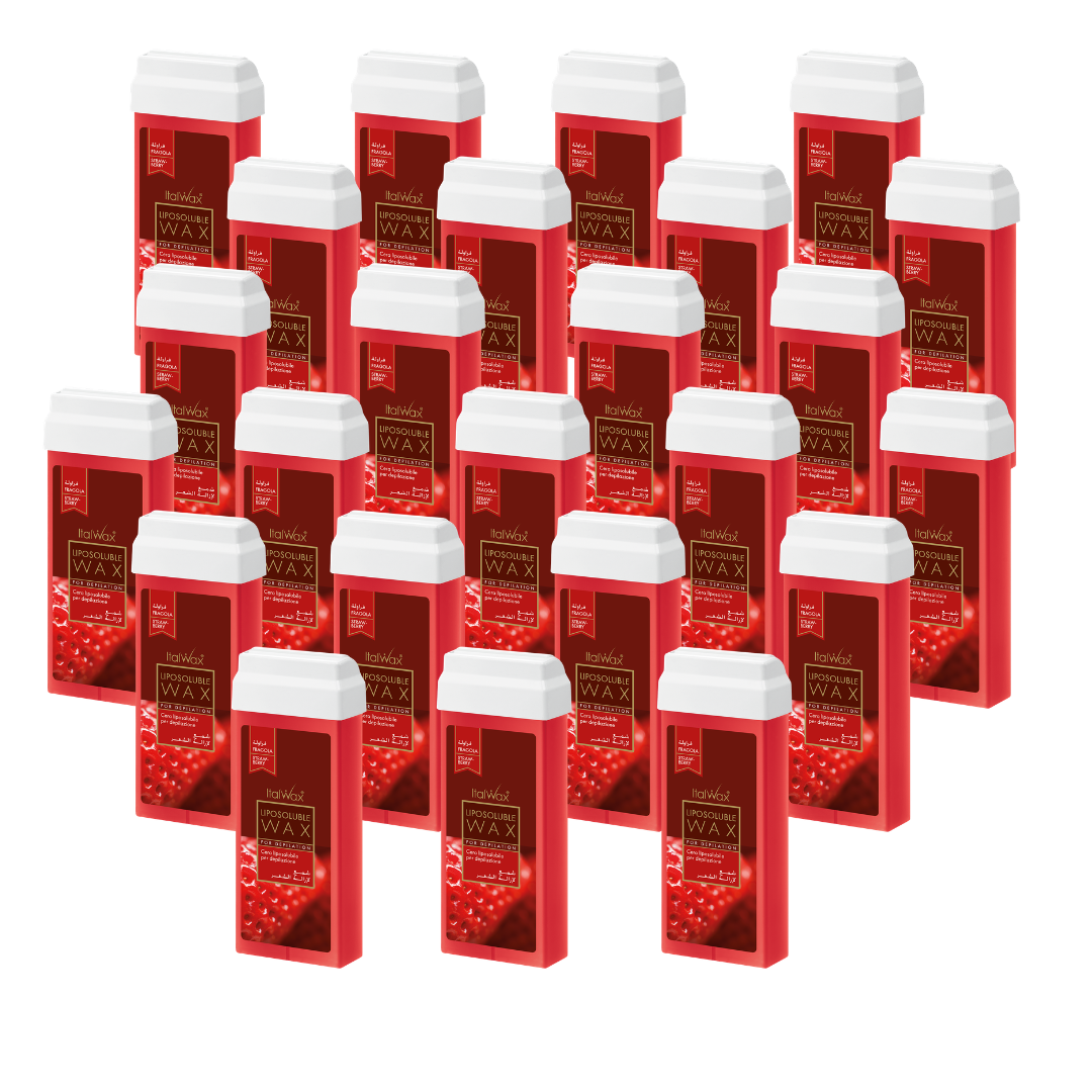 W303A Italwax 24 x 100g Natural Strawberry Cold Strip Wax | IA collection of Italwax Natural Strawberry Cold Strip Wax rollers cartridges for hair removal with a label on a white background