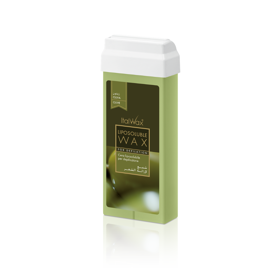W304 Italwax 100g Olive Cold Strip Wax Roller | A creamy green Italwax Olive Cold Strip Wax roller cartridge, for hair removal on arms and legs, with a branded olive green Italwax label on a white background