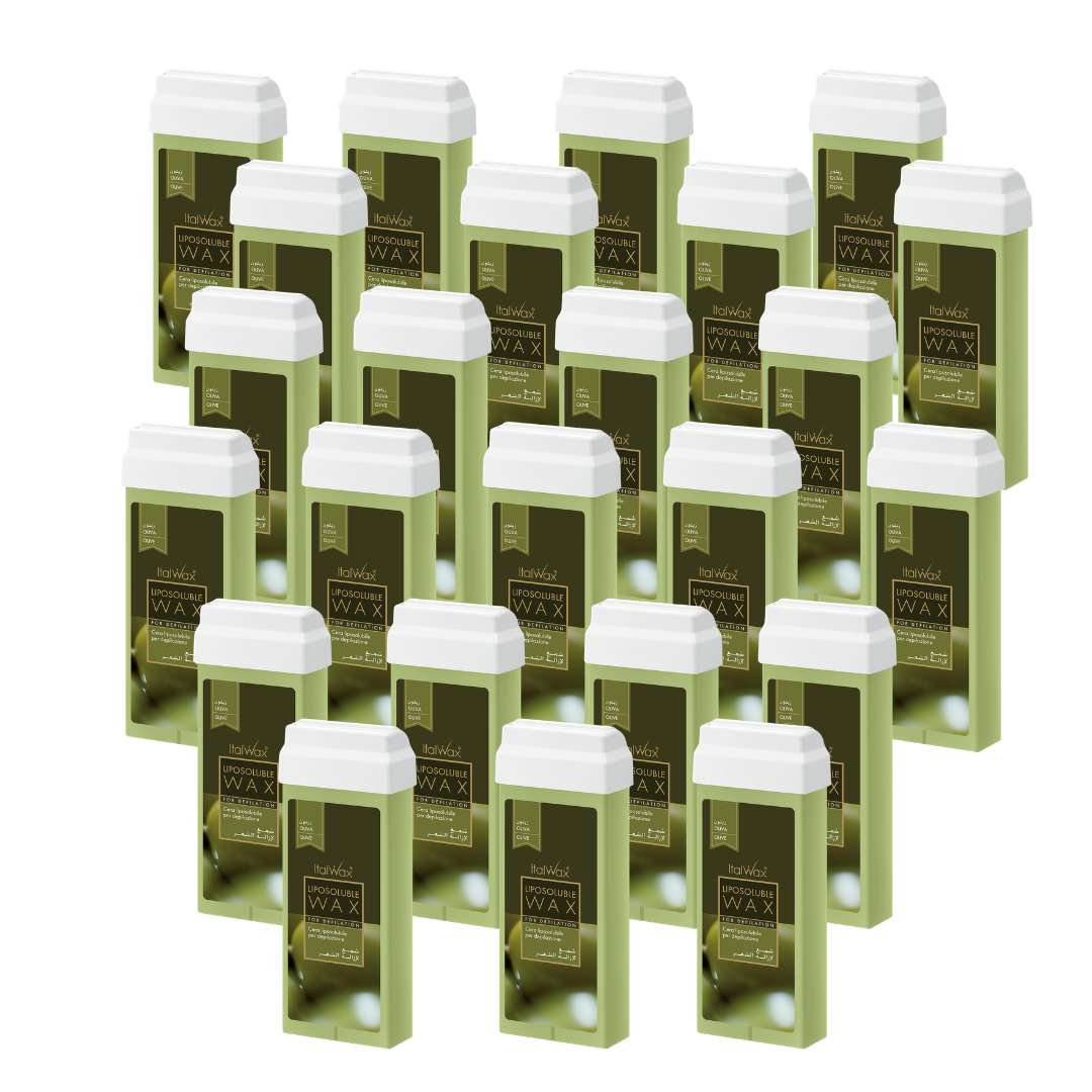 W304A Italwax 24 x 100g Natural Olive Cold Strip Wax | A collection of Italwax Olive Cold Strip Wax rollers cartridges for hair removal with a label on a white background