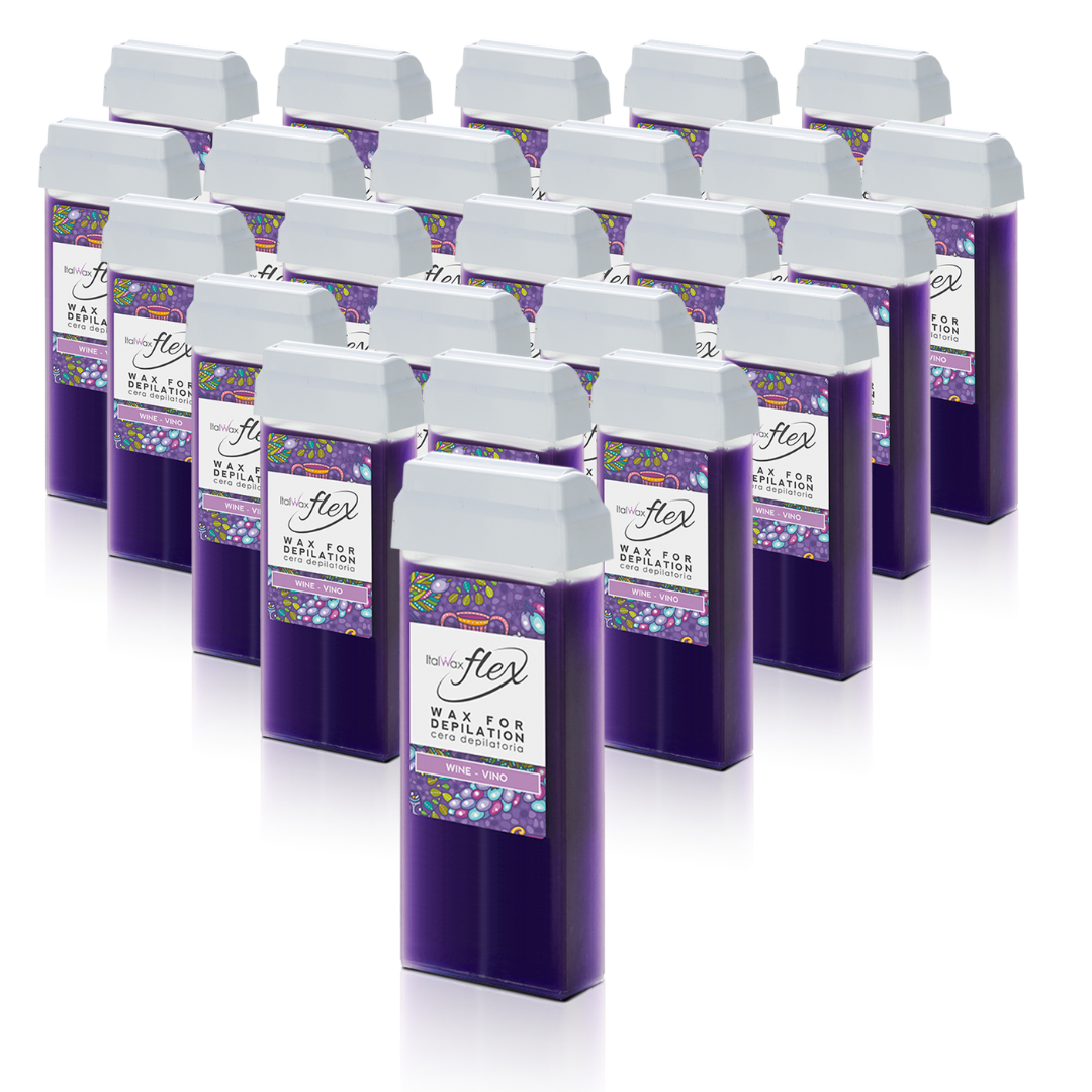 W305A Italwax 24 x 100g Flex Wine Cold Strip Wax | A collection of opaque purple Italwax Wine Cold Strip Wax rollers cartridges for professional hair removal with a label on a white background