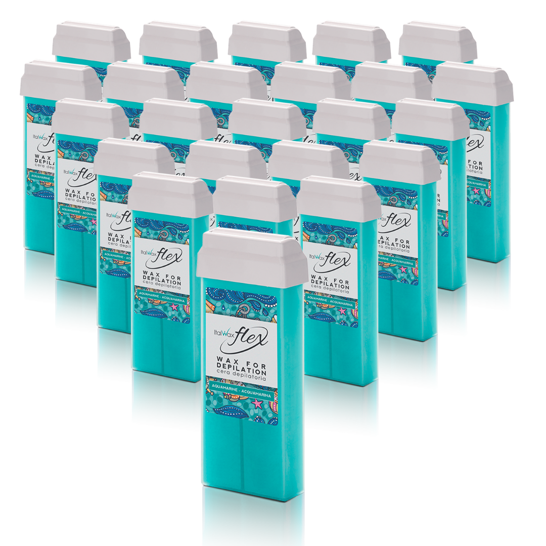 W306A Italwax 24 x 100g Flex Aquamarine Cold Strip Wax | A collection of bright teal Italwax Aquamarine Cold Strip Wax rollers cartridges, for professional hair removal of legs and arms, with a label on a white background