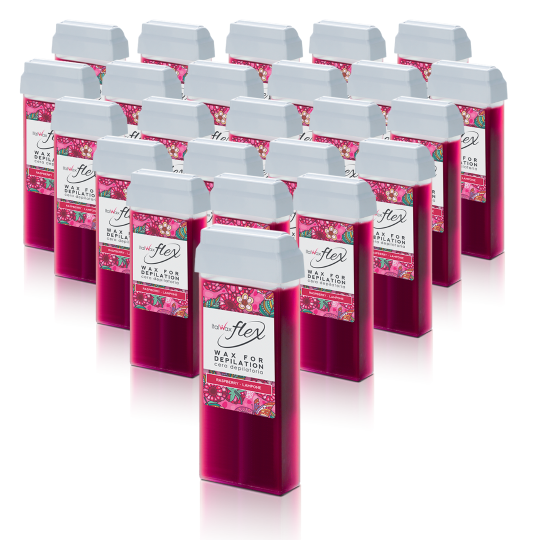W307A Italwax 24 x 100g Flex Raspberry Cold Strip Wax | A collection of opaque bright pink Italwax Raspberry Cold Strip Wax rollers cartridges, for professional hair removal of legs and arms, with a label on a white background