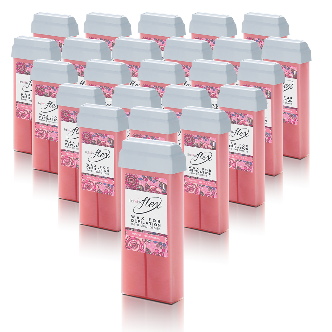 W308A Italwax 24 x 100g Flex Rose Oil Cold Strip Wax | A collection of creamy pink Italwax Rose Oil Cold Strip Wax rollers cartridges, for professional hair removal of legs and arms, with a label on a white background