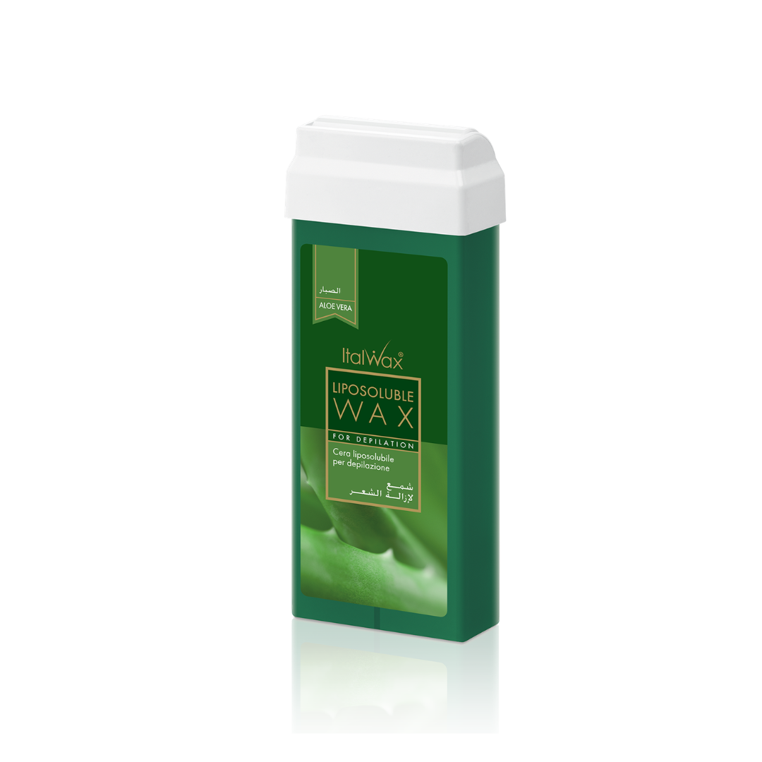 W309A Italwax 100g Aloe Cold Strip Wax | A green Italwax Aloe Cold Strip Wax roller cartridge for professional hair removal with a label on a white background