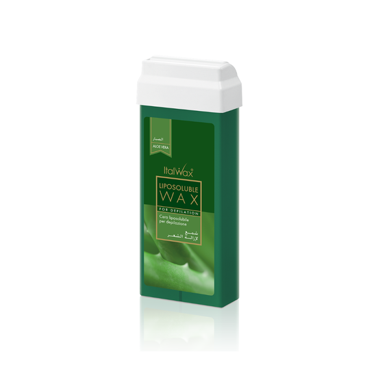 W309A Italwax 100g Aloe Cold Strip Wax | A green Italwax Aloe Cold Strip Wax roller cartridge for professional hair removal with a label on a white background