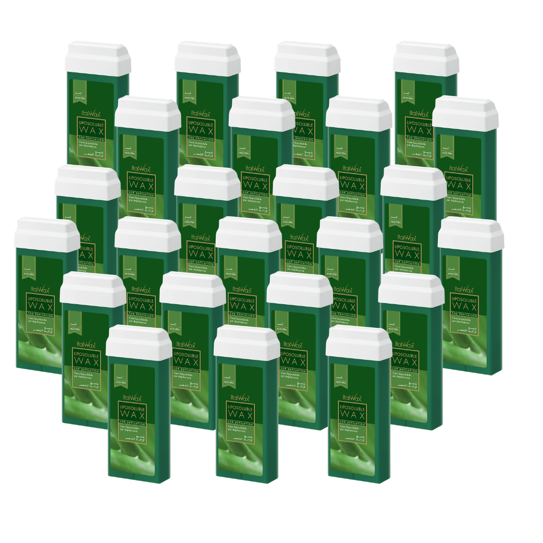 W309A Italwax 24 x 100g Aloe Cold Strip Wax | A collection of Italwax Aloe Cold Strip Wax rollers cartridges for professional hair removal with a label on a white background