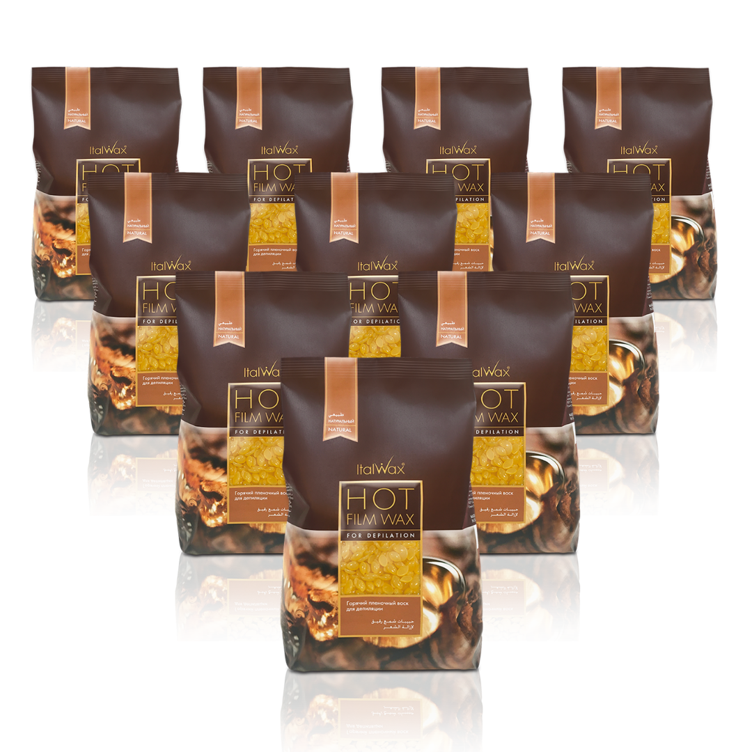 W310 Italwax 10 x 1kg Natural Film Wax | A collection of gold yellow Italwax Azulene film wax, for professional hair removal on underarms and bikini, in a light and bright brown branded Italwax plastic bag with gold brown wax beads showing 