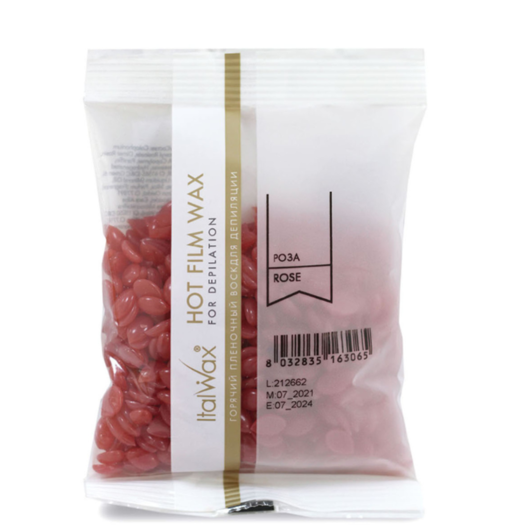 W311A Italwax 100g Rose Hot Film Wax | A try me bag of Italwax 100g Rose film wax, for underarm and bikini hair removal, in pink-red color on white background