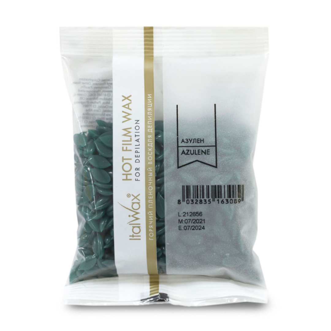 W312A Italwax 100g Azulene Hot Film Wax | A try me bag of Italwax 100g Azulene film wax, for underarm and bikini hair removal, in dark green color on white background